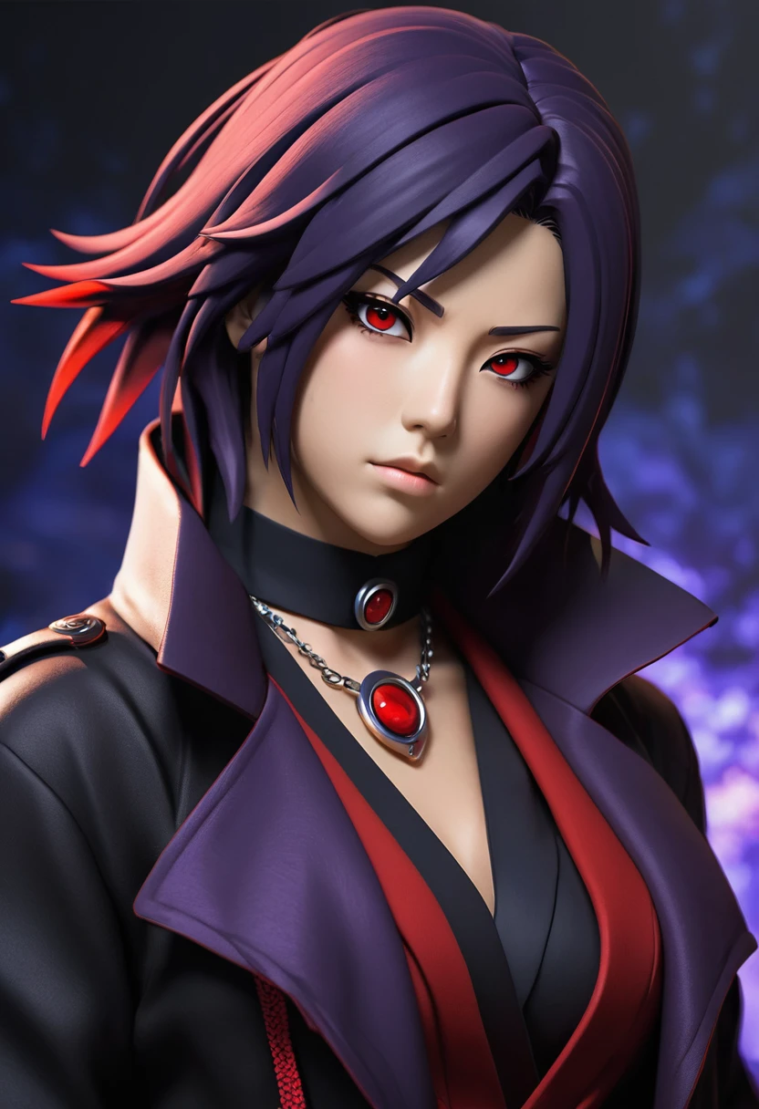 Konan de Naruto Shippuden em um estilo de arte digital detalhado e realista, com cabelo roxo preso, usando uma blusa preta, wearing an open dark coat with red lining and a notable choker-like neck accessory. Art style emphasizes detailed shading and lighting to enhance muscle definition and skin and clothing textures, with a dark, intense tone suggesting a deeper narrative or context behind the image, and a choice of colors and lighting details that contribute to an immersive and mysterious atmosphere.