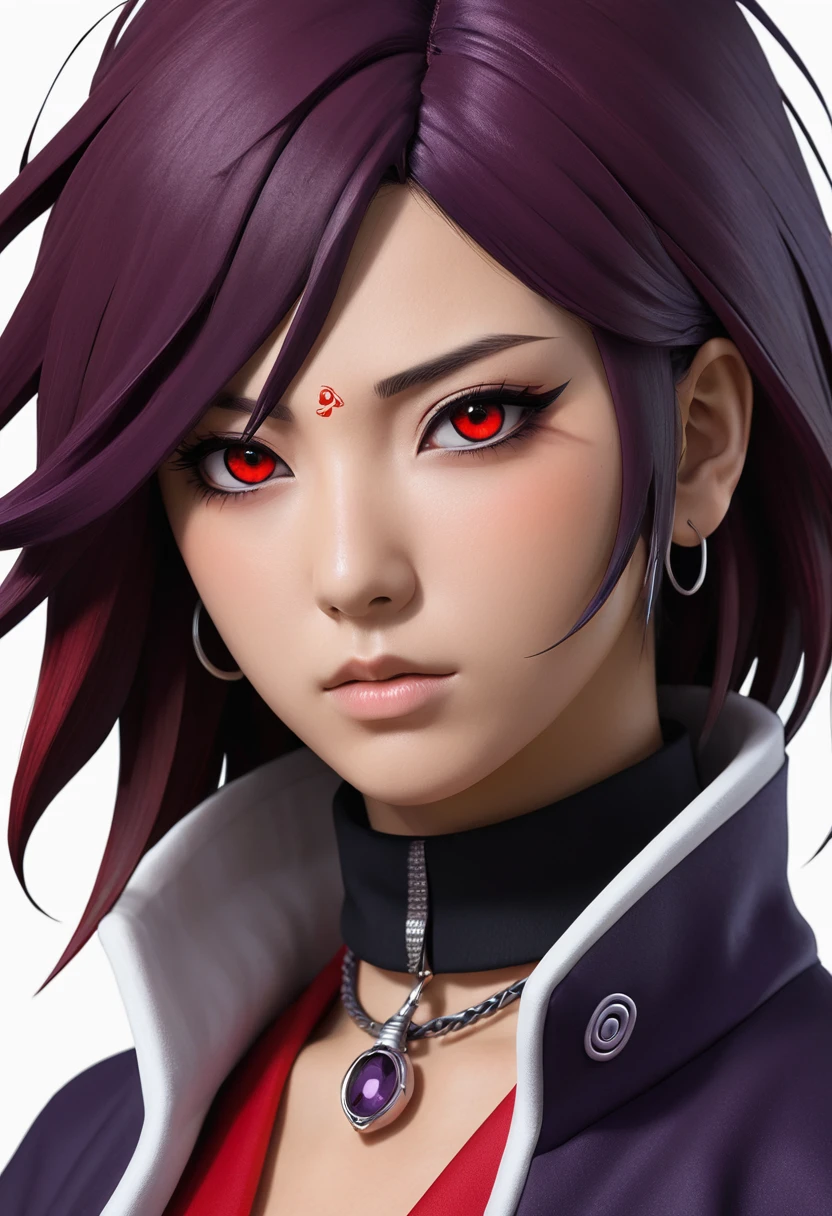 Konan de Naruto Shippuden em um estilo de arte digital detalhado e realista, com cabelo roxo preso, usando uma blusa preta, wearing an open dark coat with red lining and a notable choker-like neck accessory. Art style emphasizes detailed shading and lighting to enhance muscle definition and skin and clothing textures, with a dark, intense tone suggesting a deeper narrative or context behind the image, and a choice of colors and lighting details that contribute to an immersive and mysterious atmosphere.