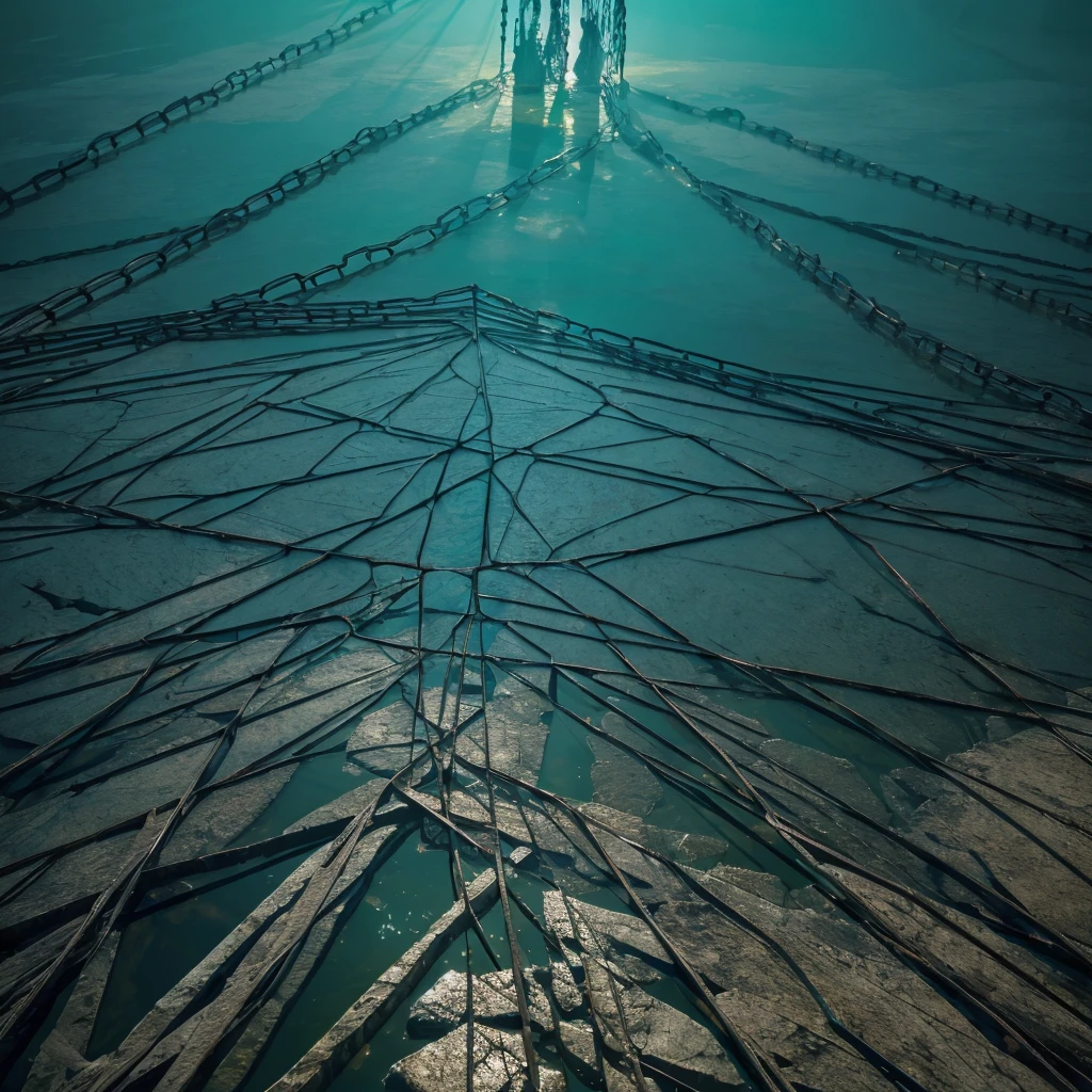 Hd wallpaper, glowing arcs and metalic light chains of  in frozen surface of the lake, top view photography in the style of cinematic poster and high clarity, in the style of game of thrones, unpleasant, horror, terrifying look, uhd, 8k resolution, balanced, high dynamic range color, strong highlight