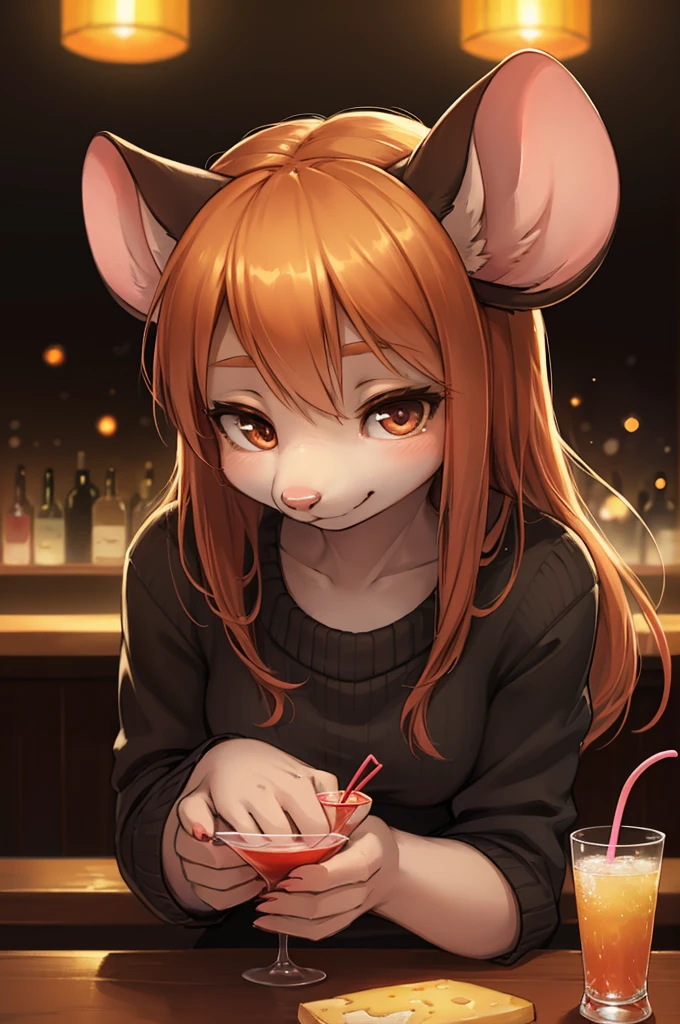 rough sketch style , Hallucination, daydream , nightmare , Insane Dream , bokeh , erotica , realistic Japanese female mouse , round face , Seductive eyes , (open clothes by hands) , realistic long nose , hair tie , Bar, Cocktails , cheese , sweater , Leaning forward