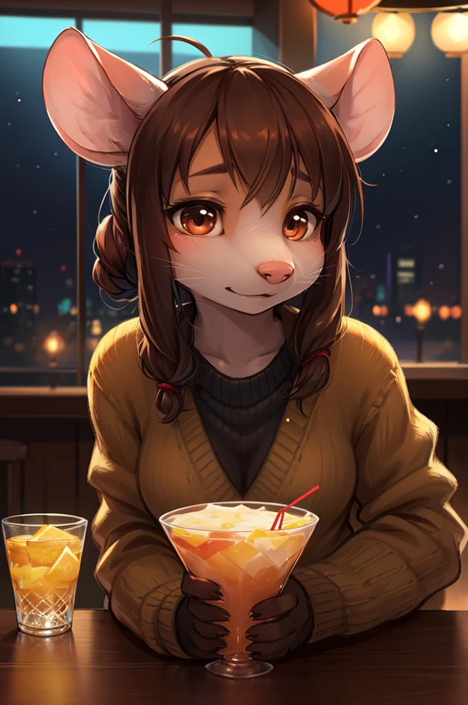 rough sketch style , Hallucination, daydream , nightmare , Insane Dream , bokeh , erotica , realistic Japanese female mouse , round face , Seductive eyes , (open clothes by hands) , realistic long nose , hair tie , Bar, Cocktails , cheese , sweater , Leaning forward