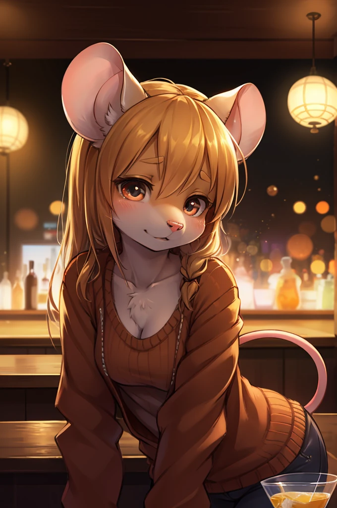 rough sketch style , Hallucination, daydream , nightmare , Insane Dream , bokeh , erotica , realistic Japanese female mouse , round face , Seductive eyes , (open clothes by hands) , realistic long nose , hair tie , Bar, Cocktails , cheese , sweater , Leaning forward