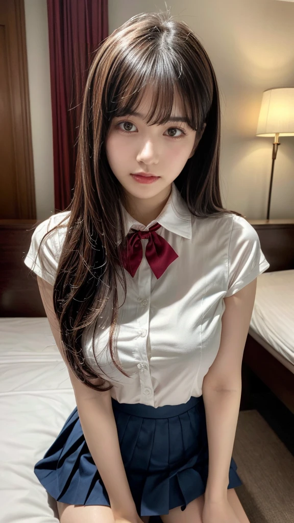 masterpiece, best quality, illustration, Super detailed, fine details, High resolution, 8K,wall paper, perfect dynamic composition,(Details High quality, realistic depiction of eyes:1.3), (collared shirt:1.1), pleated skirt, straight hair、black hair color, Big Natural Color Lip, bold sexy pose, crying a little、Harajuku style、acrobatic pose, 20 year old girl、cute type、ta、beautiful legs, hotel room, gravure idol, Voluptuous thighs, large breasts