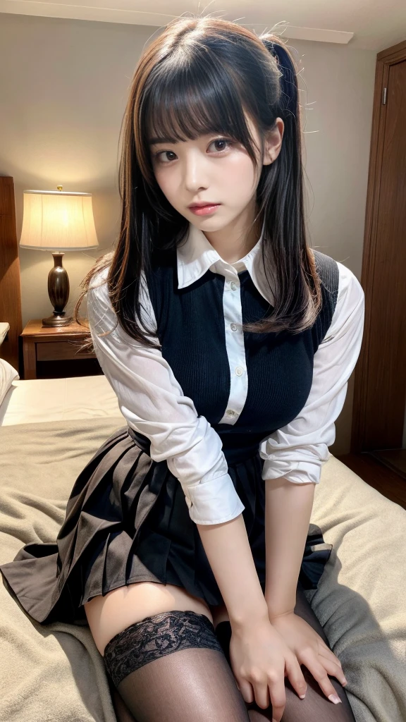 masterpiece, best quality, illustration, Super detailed, fine details, High resolution, 8K,wall paper, perfect dynamic composition,(Details High quality, realistic depiction of eyes:1.3), (collared shirt:1.1), pleated skirt, straight hair、black hair color, Big Natural Color Lip, bold sexy pose, crying a little、Harajuku style、acrobatic pose, 20 year old girl、cute type、****ta、beautiful legs, hotel room, gravure idol, Voluptuous thighs, large breasts