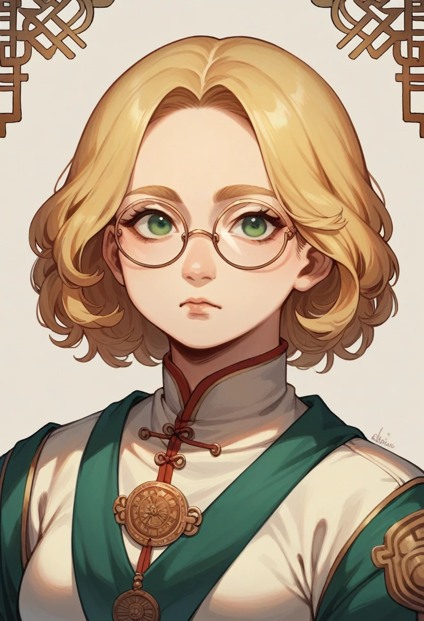 chubby girl, Blonde with green eyes, medium length hair, open forehead, round facial features, glasses with black square frames
Китайский стиль одежды, Ancient China