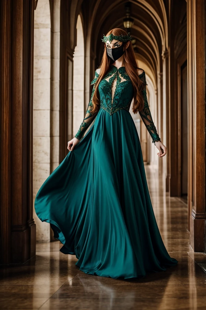 Elf woman, long ginger hair, soft hair, blue and green ballroom dress, beautiful dress, masquerade, black mask