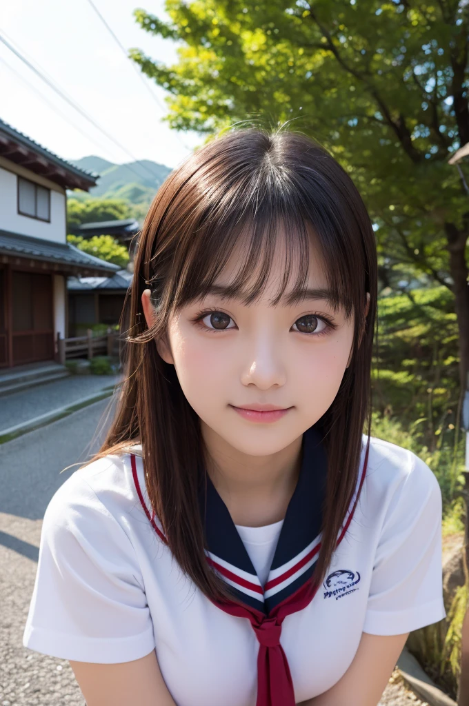 (1 Girl )、(Beautiful Japanese、18years old,round face、Refreshing、clear、seems kind、stylish、Pitiful、cute like an angel、cute、black eyes、,actress,Almond-shaped eyes,Translucent white skin、Beautiful skin), Japan human face , (((Beautiful breasts:0.4))),(((soft breasts))),(very cute),(Black hair),(enchanting eyes),(highlight on eyes:1.2)、(8K、Live shooting、highest quality、masterpiece:1.2、optimal lighting)、((masterpiece)),(Photo taken by a professional photographer),(real、photo real:1.4),break,{(cute Japanese high school sailor uniform),((Sailor Suit:1.0))},(cheeks are red:1.3), break, break,Face shot:1.3、 face close-up,Looking at viewer、From above,happy,Lonely face,,Japanese countryside shrine,evening、Japanese countryside,evening、sunset、(Cleavage:0.1)
