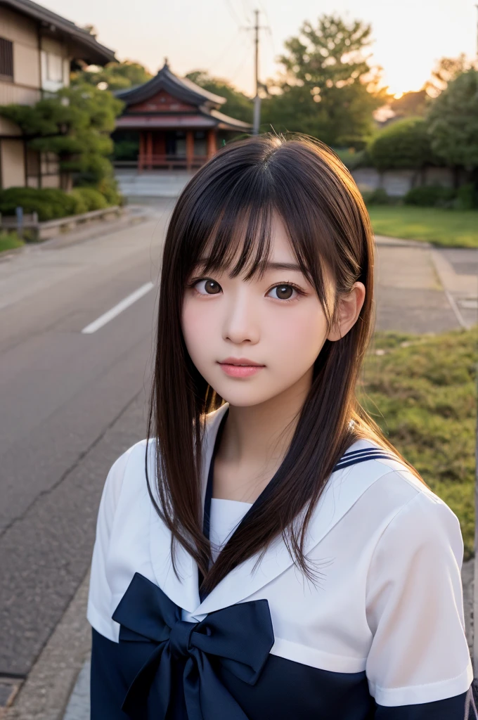 (1 Girl )、(Beautiful Japanese、18years old,round face、Refreshing、clear、seems kind、stylish、Pitiful、cute like an angel、cute、black eyes、,actress,Almond-shaped eyes,Translucent white skin、Beautiful skin), Japan human face , (((Beautiful breasts:0.4))),(((soft breasts))),(very cute),(Black hair),(enchanting eyes),(highlight on eyes:1.2)、(8K、Live shooting、highest quality、masterpiece:1.2、optimal lighting)、((masterpiece)),(Photo taken by a professional photographer),(real、photo real:1.4),break,{(cute Japanese high school sailor uniform),((Sailor Suit:1.0))},(cheeks are red:1.3), break, break,Face shot:1.3、 face close-up,Looking at viewer、From above,happy,Lonely face,,Japanese countryside shrine,evening、Japanese countryside,evening、sunset、(Cleavage:0.1)