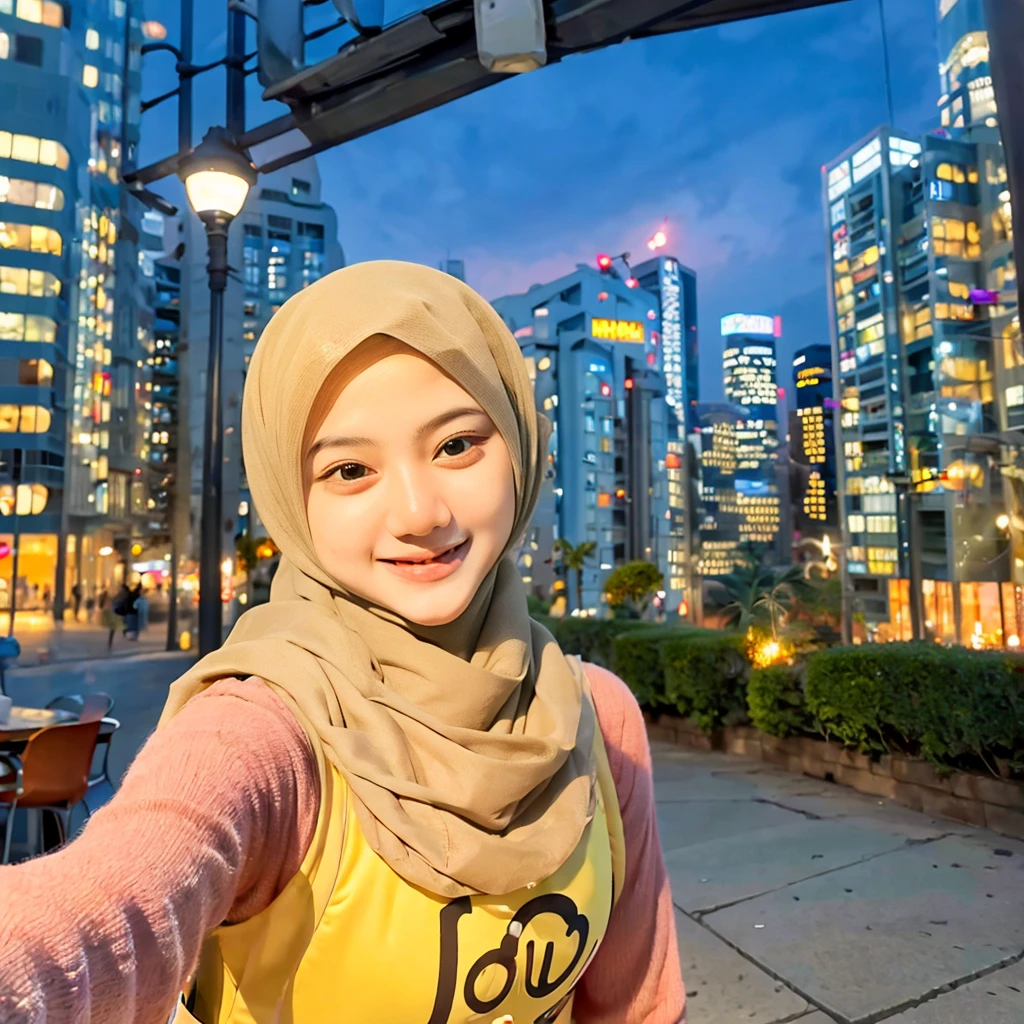 A hijab girl taking a selfie with a cheerful smile on her face, the background showing a vibrant cityscape with tall buildings and glowing streetlights, realistic, 4k