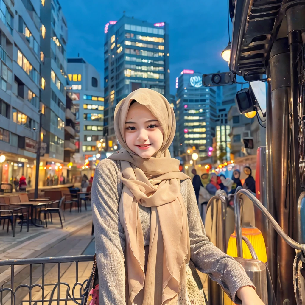 A hijab girl taking a selfie with a cheerful smile on her face, the background showing a vibrant cityscape with tall buildings and glowing streetlights, realistic, 4k