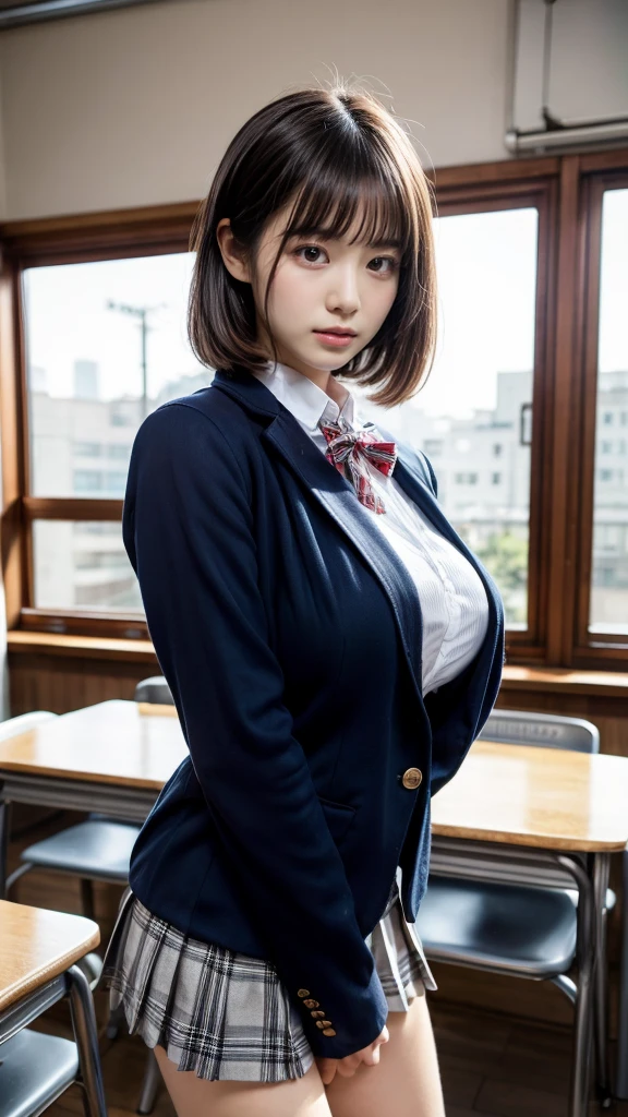 masterpiece, best quality, illustration, Super detailed, fine details, High resolution, 8K,wall paper, perfect dynamic composition,(Details High quality, realistic depiction of eyes:1.3), from side, High School Classroom、High school girl uniform、blazer 、Super Short Check Uniform Skirt、Navy blue high socks、garterbelts、Large swollen breasts, Disturbed uniform, short bob hair, black hair color, huge breasts, Big Natural Color Lip, bold sexy pose, perfect body shape, crying a little、Harajuku style、20 year old girl、cute type, beautiful legs, hposing Gravure Idol