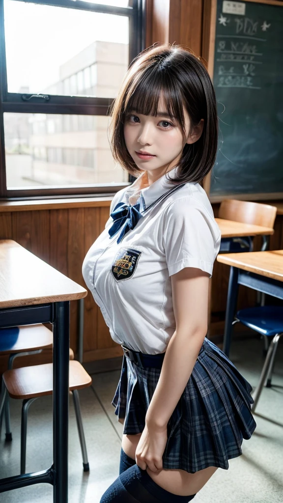 masterpiece, best quality, illustration, Super detailed, fine details, High resolution, 8K,wall paper, perfect dynamic composition,(Details High quality, realistic depiction of eyes:1.3), from side, High School Classroom、High school girl uniform、blazer 、Super Short Check Uniform Skirt、Navy blue high socks、garterbelts、Large swollen breasts, Disturbed uniform,  short bob hair, black hair color, huge breasts, Big Natural Color Lip, bold sexy pose, perfect body shape, crying a little、Harajuku style、20 year old girl、cute type, beautiful legs, hposing Gravure Idol