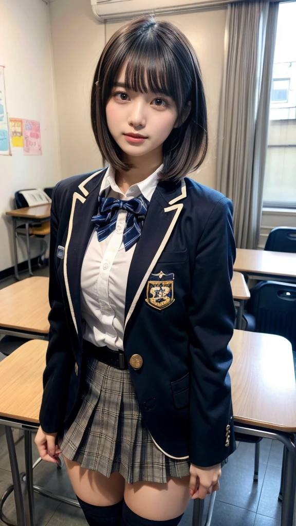 masterpiece, best quality, illustration, Super detailed, fine details, High resolution, 8K,wall paper, perfect dynamic composition,(Details High quality, realistic depiction of eyes:1.3), from side, High School Classroom、High school girl uniform、blazer 、Super Short Check Uniform Skirt、Navy blue high socks、garterbelts、Large swollen breasts, Disturbed uniform,  short bob hair, black hair color, huge breasts, Big Natural Color Lip, bold sexy pose, perfect body shape, crying a little、Harajuku style、20 year old girl、cute type, beautiful legs, hposing Gravure Idol