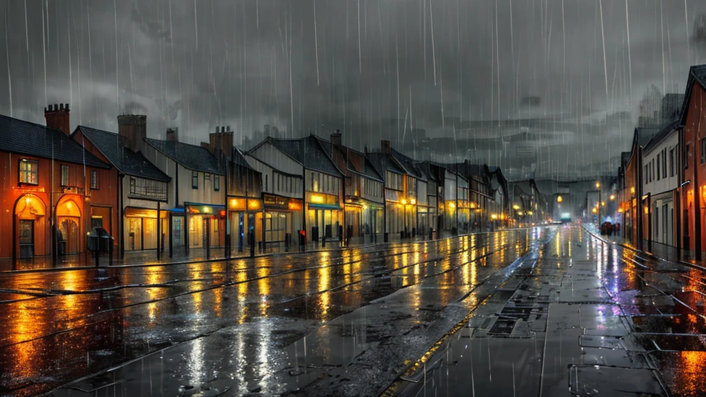 The town shines in the rain