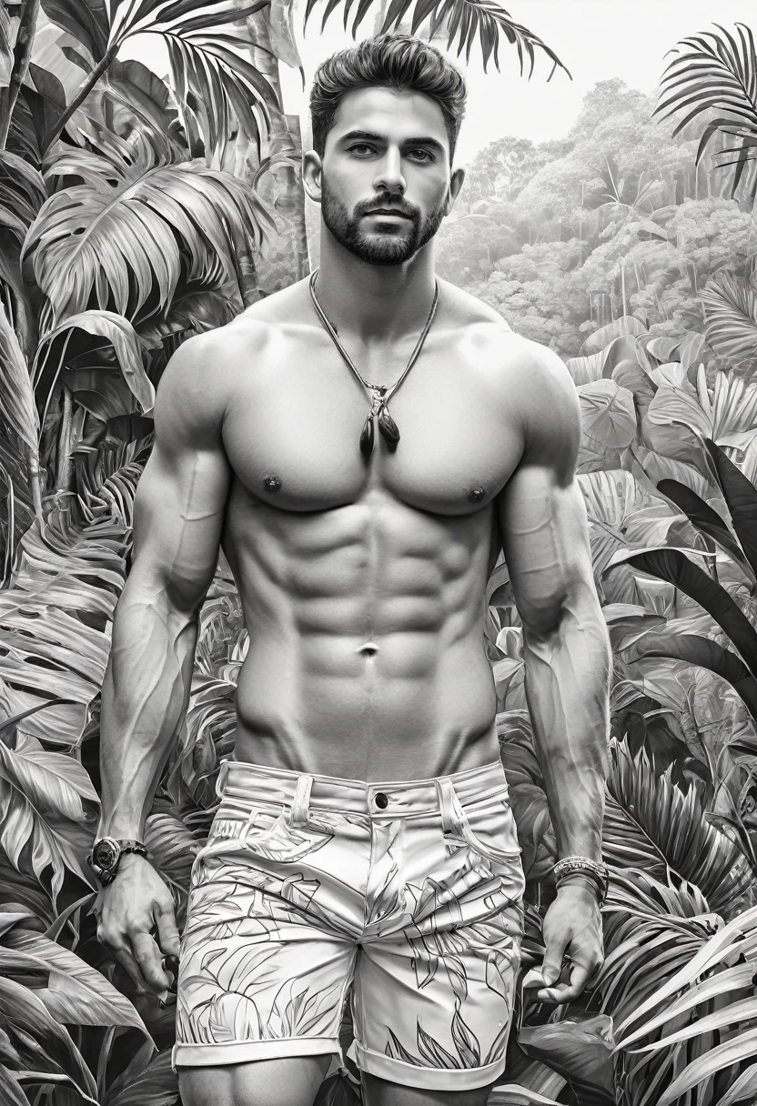 Coloring page for adults, com arte em preto e branco, um homem bonito, com lindos olhos, vestindo apenas shorts brancos, com estilo cativante, galante, sedutor, muito sensual, sexually provocative action, large volume of penis highlighted in shorts, comprimento total do corpo, desenho ultra detalhado, this man is in a jungle, com uma bela paisagem, estilo realista, fundo branco, sketch style, apenas contornos, estilo de desenho animado, Linhas finas, livro de colorir, Linhas limpas, sharp lines, arte de linha limpa altamente detalhada, obras de arte requintadas.