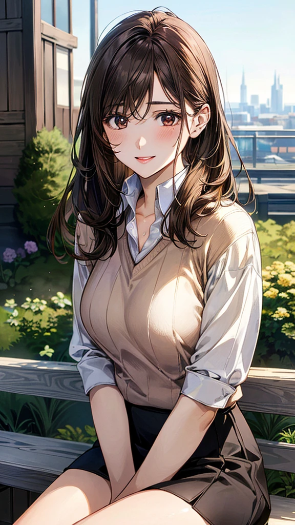 (masterpiece:1.2, Highest quality, Ultra-high resolution, Super detailed), (Realistic, photoRealistic:1.4), Beautiful illustrations, (Natural Side Lighting, Cinema Lighting), View your viewers, 1 Girl, Japanese, Adult women,30 years old, Perfect Face, (Perfect Anatomy), Cute and symmetrical face, Shiny skin, thin, (Updo Hair:1.3, Light brown hair), Hair between the eyes, Swept-apart bangs, Brown eyes, Droopy eyes, Big eyes, Long eyelashes, (Large Breasts), Beautiful Hair, Beautiful Face, Beautiful attention to detail, Beautiful clavicle, Beautiful body, Beautiful breasts, Beautiful thighs, Beautiful feet, (((Collared shirt:1.4), Wraparound skirt:1.4, Wearing a V-neck sweater over a shirt、(Brown V-neck sweater:1.3))), (Beautiful views), Depth of written boundary, morning, (garden, distant cityscape), Sitting on a bench, (Cute smile, Upward glance, Open your mouth),
