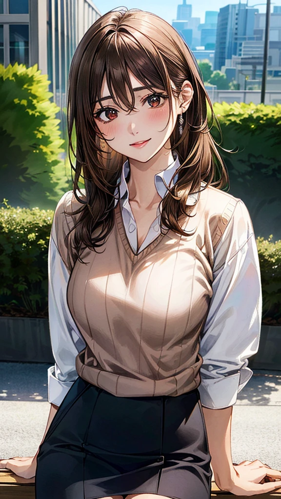 (masterpiece:1.2, Highest quality, Ultra-high resolution, Super detailed), (Realistic, photoRealistic:1.4), Beautiful illustrations, (Natural Side Lighting, Cinema Lighting), View your viewers, 1 Girl, Japanese, Adult women,30 years old, Perfect Face, (Perfect Anatomy), Cute and symmetrical face, Shiny skin, thin, (Updo Hair:1.3, Light brown hair), Hair between the eyes, Swept-apart bangs, Brown eyes, Droopy eyes, Big eyes, Long eyelashes, (Large Breasts), Beautiful Hair, Beautiful Face, Beautiful attention to detail, Beautiful clavicle, Beautiful body, Beautiful breasts, Beautiful thighs, Beautiful feet, (((Collared shirt:1.4), Wraparound skirt:1.4, Wearing a V-neck sweater over a shirt、(Brown V-neck sweater:1.3))), (Beautiful views), Depth of written boundary, morning, (garden, distant cityscape), Sitting on a bench, (Cute smile, Upward glance, Open your mouth),