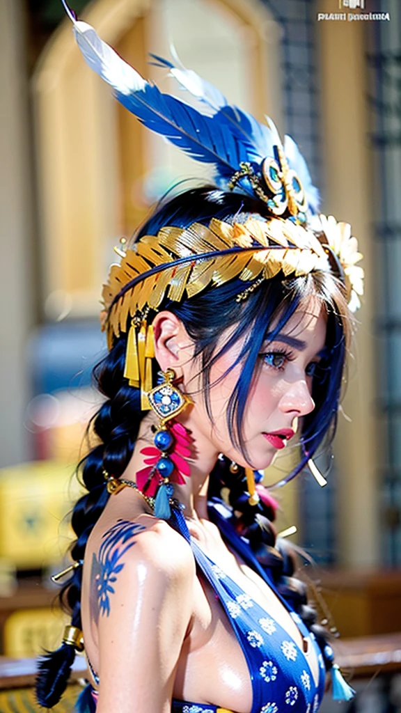 1girl, solo, headdress, long_hair, feathers, jewelry, blue_hair, gem, red_background, lips, hair_ornament, profile, braid, portrait, watermark, from_side, looking_away, feather_hair_ornament