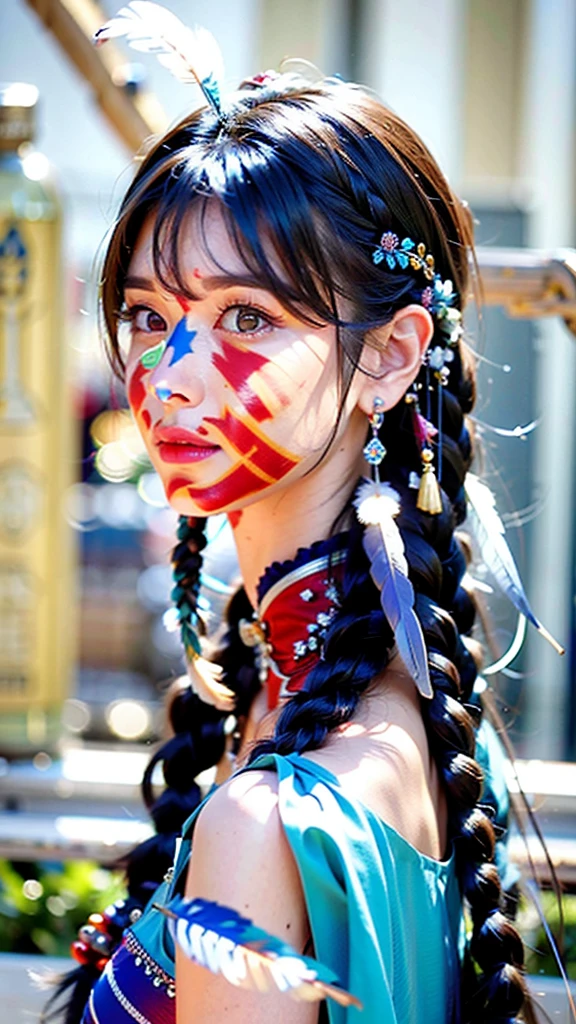 1girl, solo, headdress, long_hair, feathers, jewelry, blue_hair, gem, red_background, lips, hair_ornament, profile, braid, portrait, watermark, from_side, looking_away, feather_hair_ornament