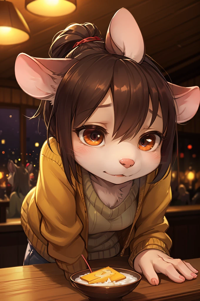 rough sketch style , Hallucination, daydream , nightmare , Insane Dream , bokeh , erotica , realistic Japanese female mouse , round face , Seductive eyes , (open clothes by hands) , realistic long nose , hair tie , Bar, Cocktails , cheese , sweater , (Leaning forward)