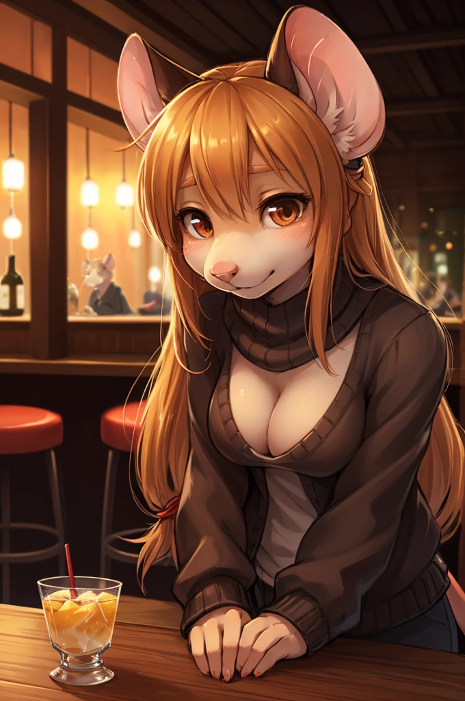 rough sketch style , Hallucination, daydream , nightmare , Insane Dream , bokeh , erotica , realistic Japanese female mouse , round face , Seductive eyes , (open clothes by hands) , realistic long nose , hair tie , Bar, Cocktails , cheese , sweater , (Leaning forward)