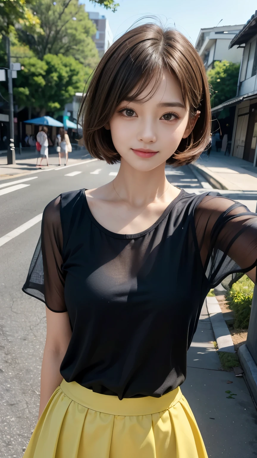 [super high quality,Masterpiece,high resolution],((日本people,woman,１people,超美people,Smile slightly)),(Short Bob Hair,Light brown hair color,Hair disheveled by strong winds,Hide your forehead with bangs),(seven-headed body,Model Body Type,Small Butt,Beautiful Eyes,Beautiful Skin,Dark brown eyes),A see-through short-sleeved shirt made of black chiffon material,Yellow-green mini flare skirt,On the coastal revetment,Sunny evening