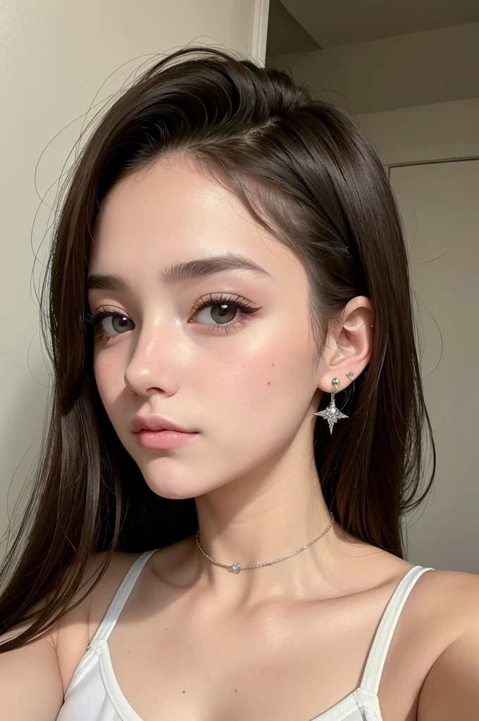 ((best quality)), ((masterpiece)), (detailed), perfect face brunette teen girl selfie with piercing em um local coberto com piercing no nariz e labios foto tirado por smartphone com testa pequena sem olhos puxados olhos castanhos claros