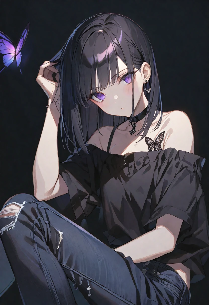 solo, handsome, 
1. Female,
Hime cut,Straight Hair,Bob Hair, 
black hair, 
Nakano Yotsuba,
purple Eyes,Soft look,butterfly Tattoo,Lots of black earrings,choker,
black Off Shoulder,Distressed jeans,
skin,Black Rose,
black  background,