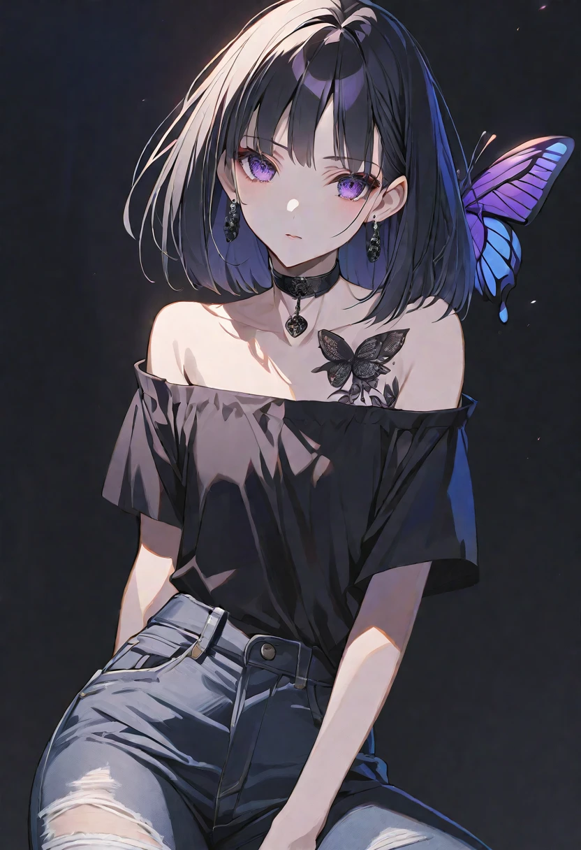 solo, handsome,
1. Female,
Hime cut,Straight Hair,Bob Hair,
black hair,
Nakano Yotsuba,
purple Eyes,Soft look,butterfly Tattoo,Lots of black earrings,choker,
black Off Shoulder,Distressed jeans,
skin,Black Rose,
black background,