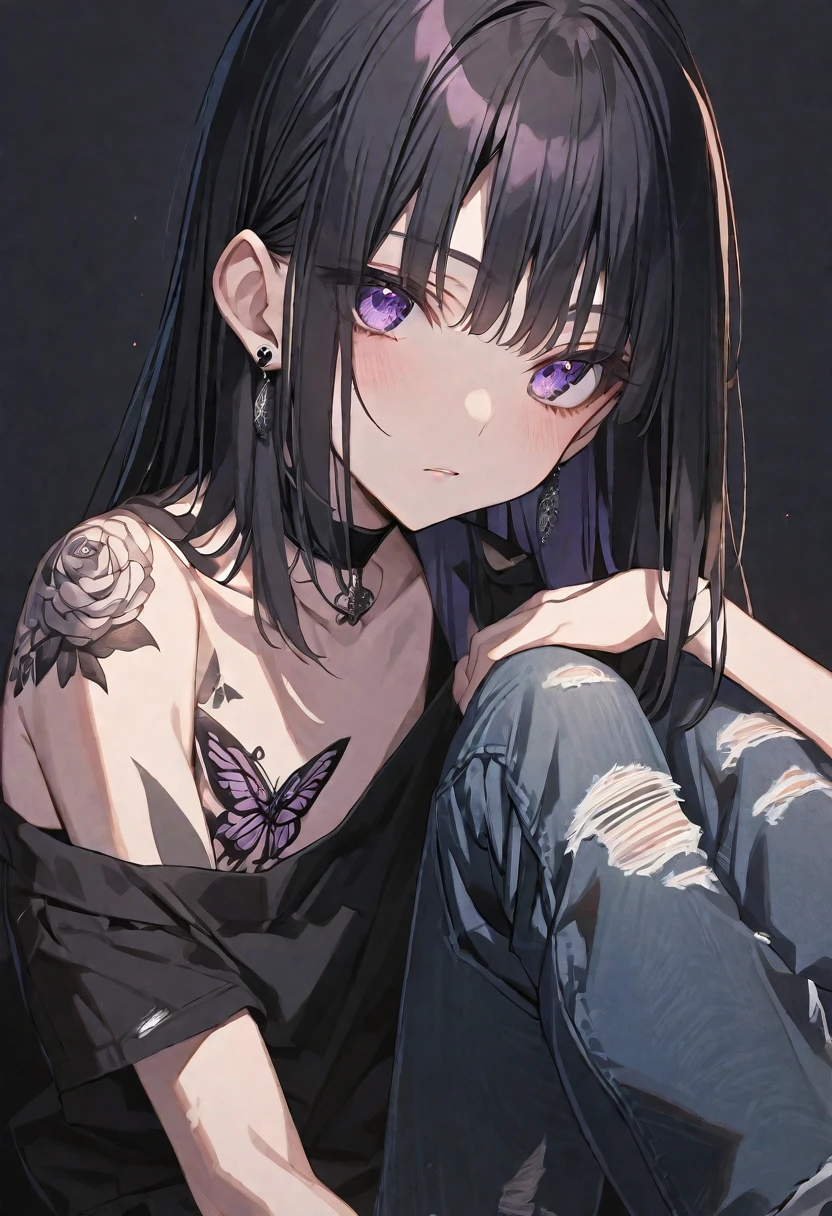 solo, handsome, 
1. Female,
Hime cut,Straight Hair,Bob Hair, 
black hair, 
Nakano Yotsuba,
purple Eyes,Soft look,butterfly Tattoo,Lots of black earrings,choker,
black Off Shoulder,Distressed jeans,
skin,Black Rose,
black  background,