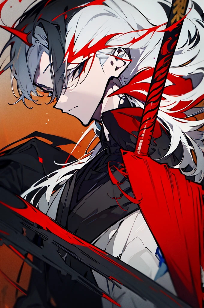 a close up of a person with a sword and a guy with a red dress, handsome guy in demon slayer art, best anime character design, detailed anime character art, anime character; full body art, anime character design a death god, character adoptable, handsome japanese demon boy, bloody + concept art, official character art, onmyoji detailed art, beautiful male god of death a close up of a person in a black dress with a gold belt, flowing white robes, white haired deity, genshin impact character, golden-black robes, picture of a male samurai and death god, d&d dark sun character art, official character art, portrait of ororo munroe, holding a katana, holding a katana, holding a katana, holding a katana, holding a katana, bloody, bloody, bloody, bloody, red and golden effects, red and golden effects, red effects, golden effects, black and white hair, black and white hair, black and white hair, black and white hair, black and white hair, golden effects, golden effects