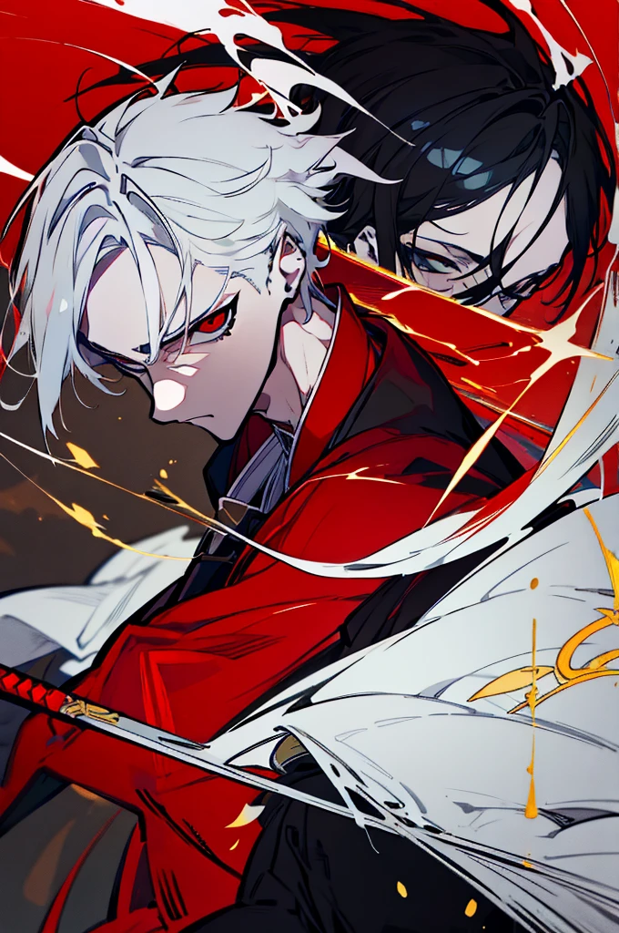 a close up of a person with a sword and a guy with a red dress, handsome guy in demon slayer art, best anime character design, detailed anime character art, anime character; full body art, anime character design a death god, character adoptable, handsome japanese demon boy, bloody + concept art, official character art, onmyoji detailed art, beautiful male god of death a close up of a person in a black dress with a gold belt, flowing white robes, white haired deity, genshin impact character, golden-black robes, picture of a male samurai and death god, d&d dark sun character art, official character art, portrait of ororo munroe, holding a katana, holding a katana, holding a katana, holding a katana, holding a katana, bloody, bloody, bloody, bloody, red and golden effects, red and golden effects, red effects, golden effects, black and white hair, black and white hair, black and white hair, black and white hair, black and white hair, golden effects, golden effects