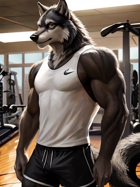 Muscular anthropomorphic wolf, two-tone light and dark black. Ojos marrones. White tshirt and black nike shorts. In gym. Perfect detailed features, comic realism, 2D, Hand drawn, brush strokes, big wolf, handsome, sparkling light, rugged, looking at camera, comic stye