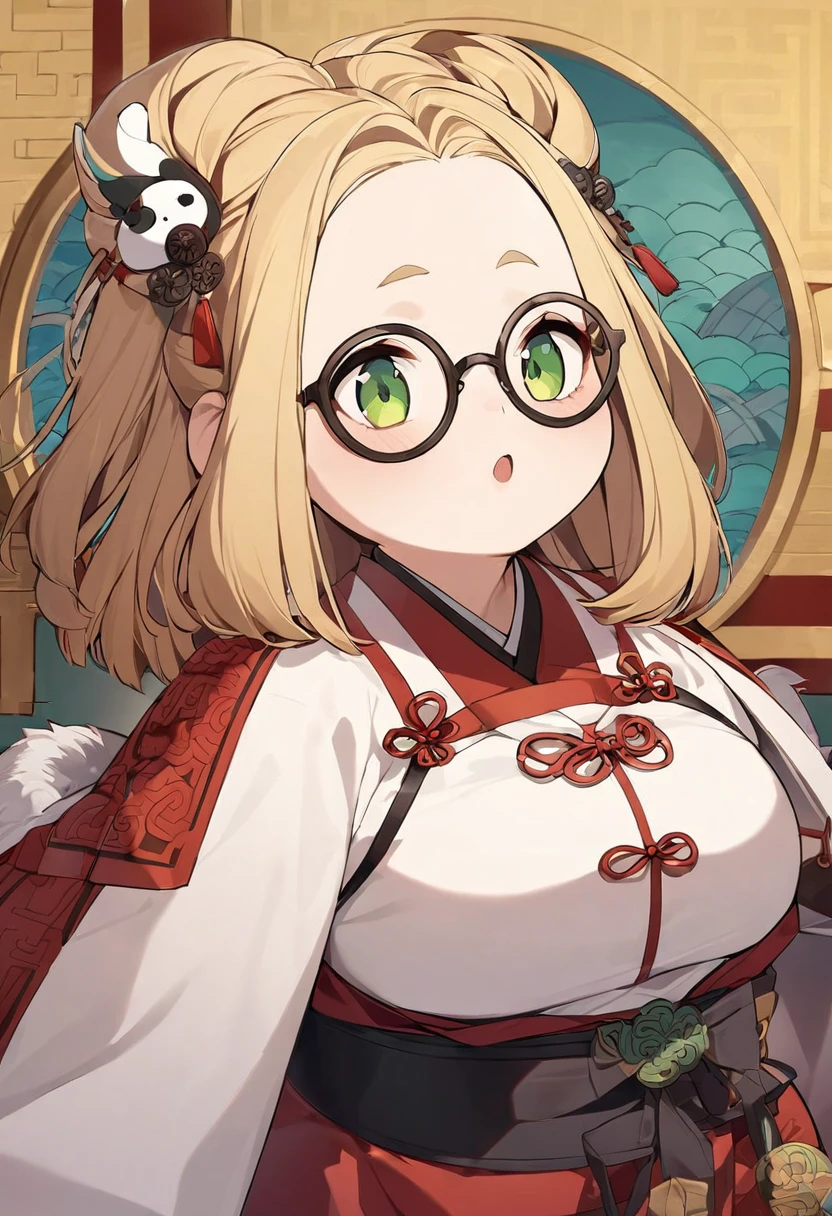 chubby girl, Blonde with green eyes, medium length hair, black glasses with square frames Chinese clothing style, Ancient China 