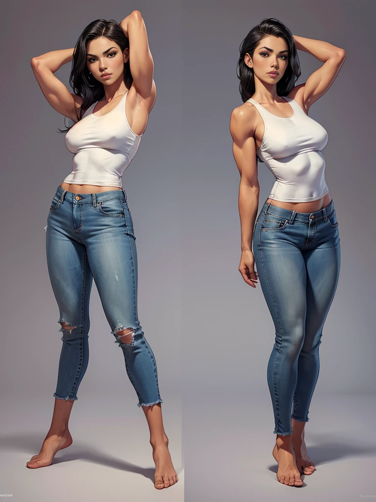 ((best quality)), ((4k)), ((highres)), ((masterpiece:1.2)). ((detailed)), ((ultra realistic)), ((intricate details)), ((full body picture)), ((character design sheet)), ((blank background)), ((standing in a blank background)), a full body shot of a beautiful native american female, native american beauty, ((emphasis on her complexion)), ((black hair)), perfect face, gorgeous face, detailed eyes, detailed lips, about 5'10 tall, about 25 years old, mediuml-sized breasts, c cup breasts, athletic body, muscular arms, ((posing with arms above head)), muscular and feminine, dressed in a tank top and very tight jeans, barefeet, ((BAREFEET))
