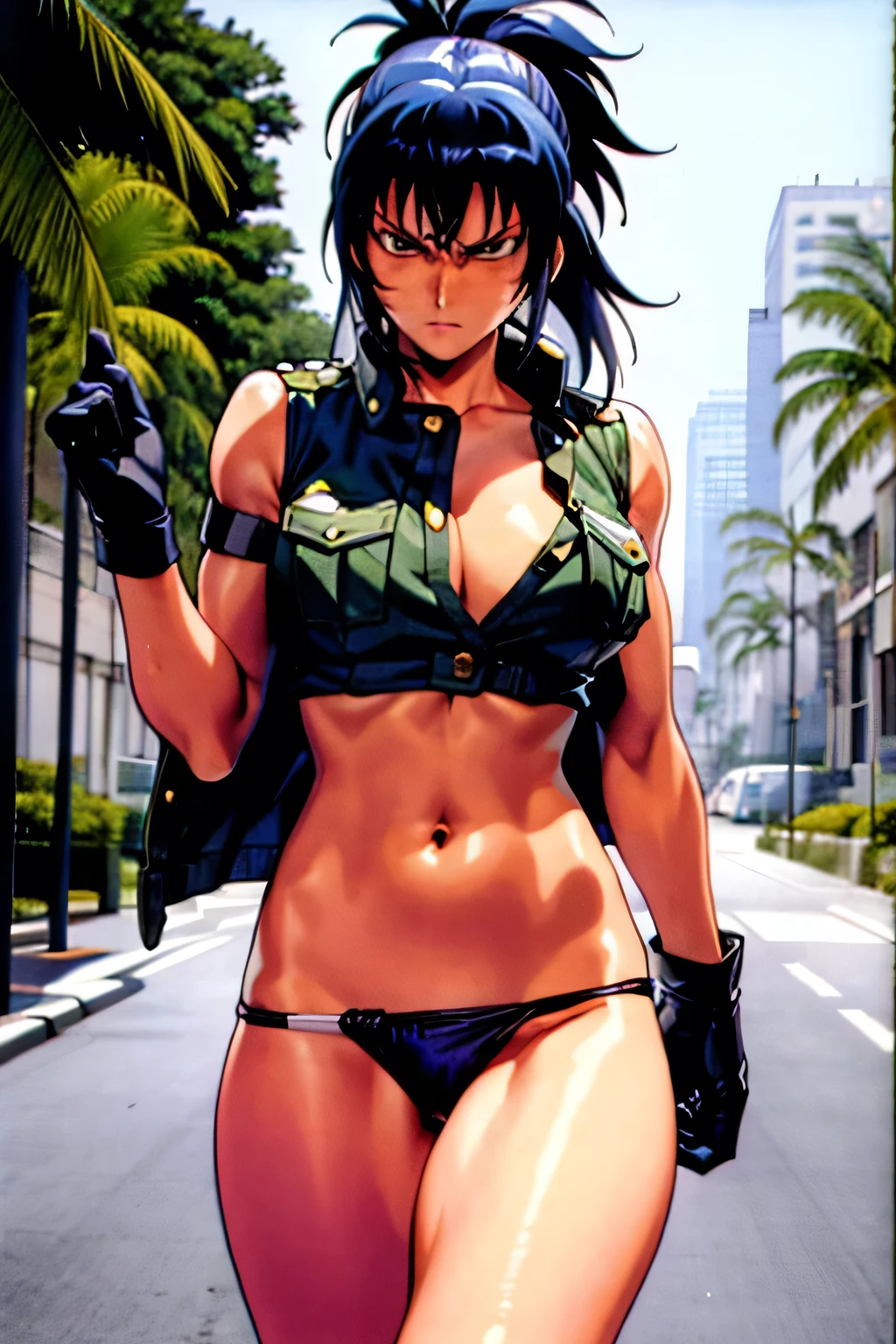 masterpiece, best quality, anime 1990s \(style\, leona heidern, naked chest, fully open vest, thong, panty ,jungle, army, pony tail, wet, serious, soldier, gloves, holding a gun