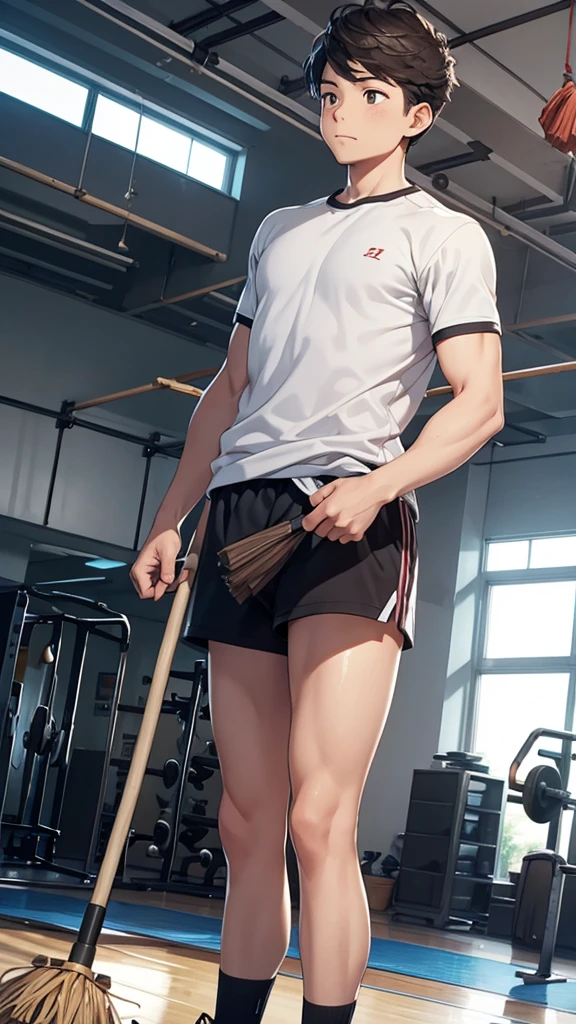 A boy cleaning the gym in gym clothes、Cleaning with a broom