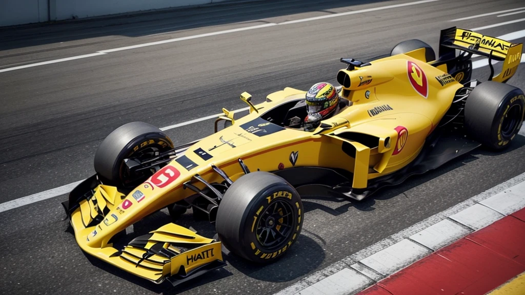 take a photo of lewis hamilton with a ferrari car ferrari red yellow green with the halo protection pirelli tires in a car as designed by the FIA for 2026 and 2025 with the helmet inspired by senna's helmet green yellow and black