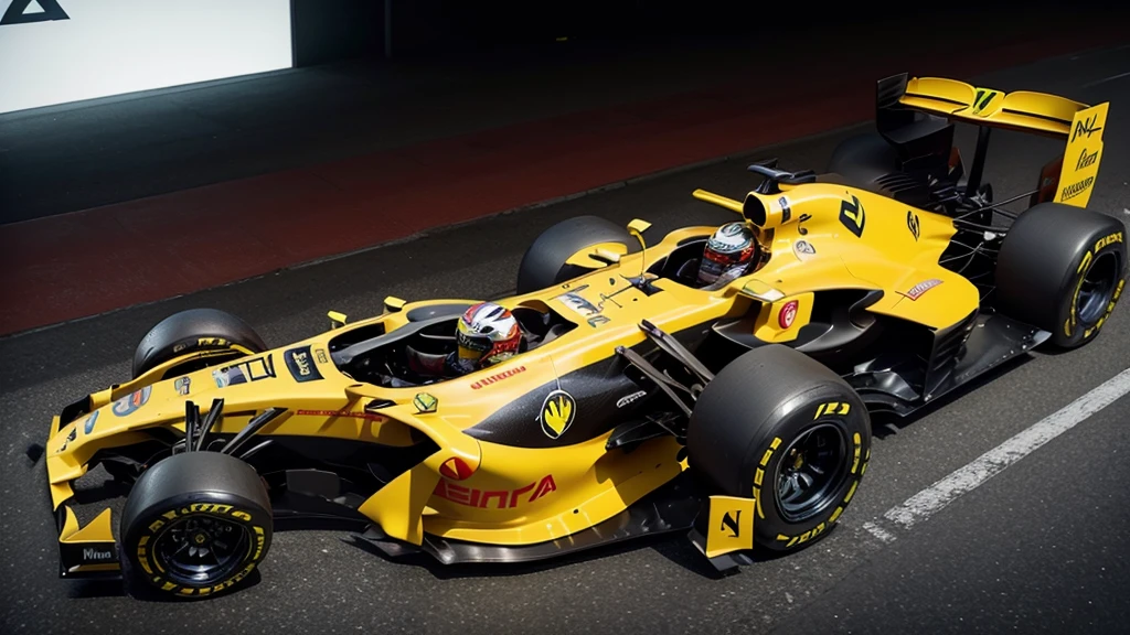 take a photo of lewis hamilton with a ferrari car ferrari red yellow green with the halo protection pirelli tires in a car as designed by the FIA for 2026 and 2025 with the helmet inspired by senna's helmet green yellow and black