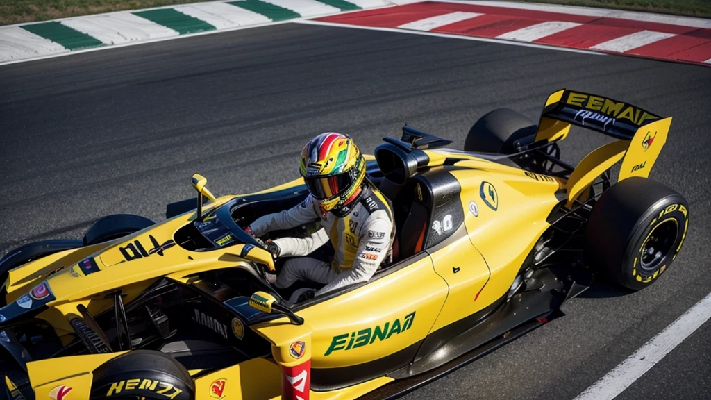 take a photo of lewis hamilton with a ferrari car ferrari red yellow green with the halo protection pirelli tires in a car as designed by the FIA ​​for 2026 and 2025 with the helmet inspired by senna's helmet green yellow and black