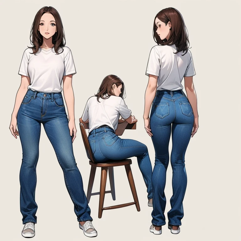 Detailed character sheet, Front view, Side view, Diagonal view, with a white returnground, show women, 30 years old, with short dark brown hair combed return, Wearing light casual clothing, Wearing tight denim jeans. The seat includes different angles, Front etc., return, and Side views, Model sheets and reference sheets, Full-body painting. Proportions are based on a 7.5 head scale.