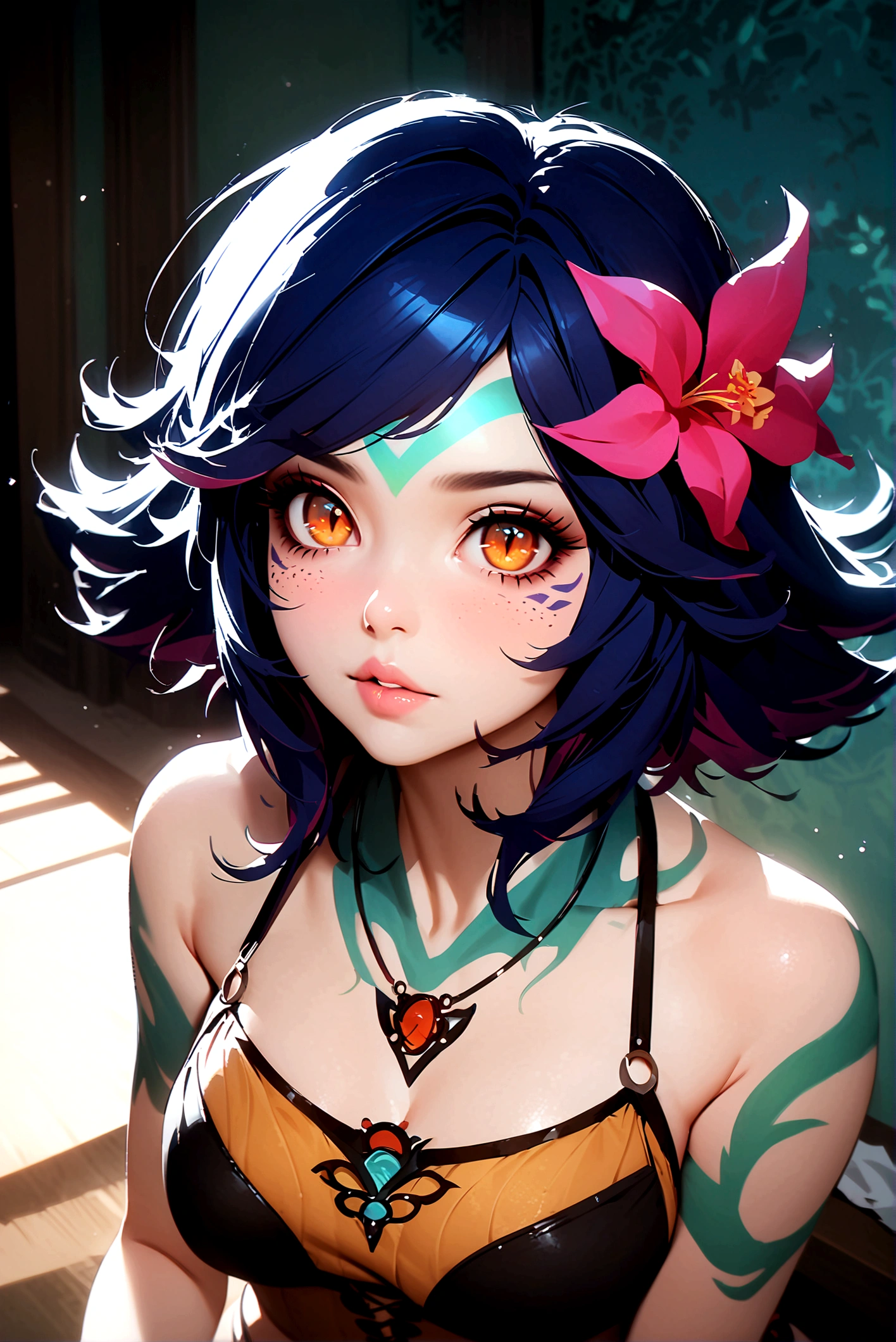 masterpiece,(best quality,top quality,8k),ultra detailed,painting,detailed eyes and face,(1girl),neeko, multicolored hair,(short hair), facial mark, forehead mark, hair ornament, hair flower, necklace, (black bikini),(thick lips:1.1),(puffy eyes) ,good contrast , high sharpness,(gorgeous),realistic,RAW Photography,(hyperdetailed:1.2),room