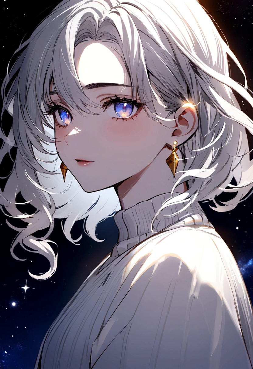 um adolescente com um leve sorriso no rosto, silver hair with galaxy colored eyes, wearing a white sweater and a gold earring in her left ear.