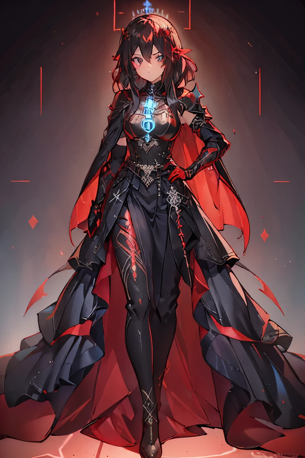 4K high resolution, one female, (((Glowing Rune Tattoos))), red and black hair, princess dress cape and pants, armor, crown