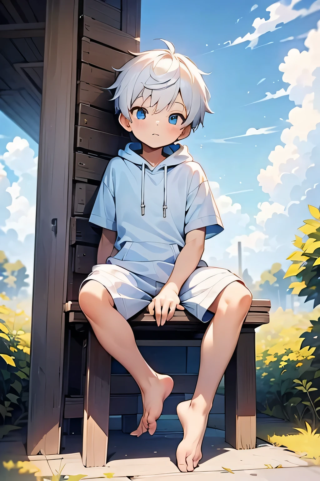 a masterpiece art of a  with white hair and light blue eyes and wearing a white style hoodie and sweatpants sitting down in a wooden chair, blue sky and white clouds in the background, looking front, short legs, full body