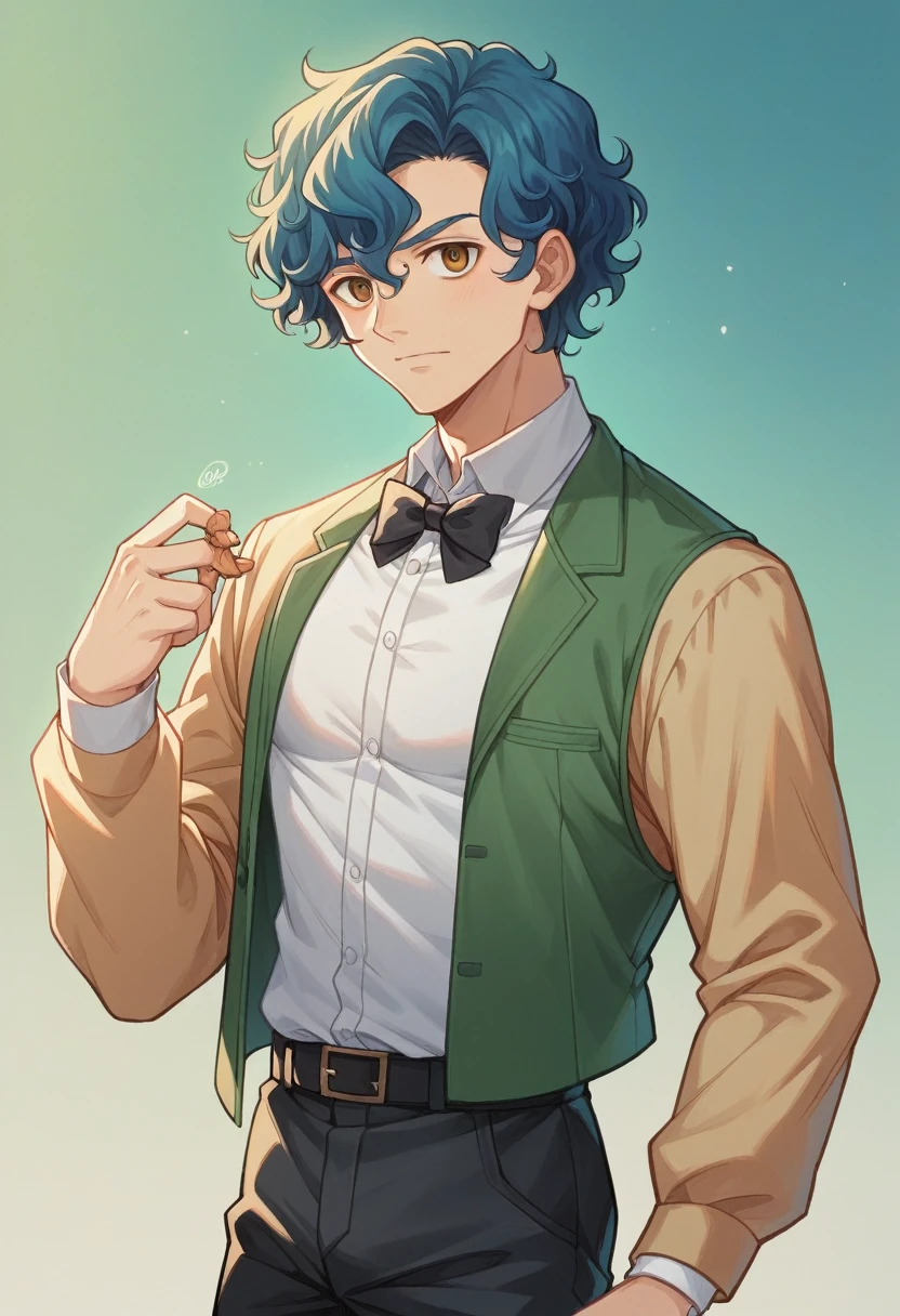 Masterpiece anime style animation,alta calidad,high resolution,solo,1 chico,Hijikata,enfoque masculino,ojos amarillos,pelo negro con subtonos verdes y largo,chaleco negro,Camisa negra