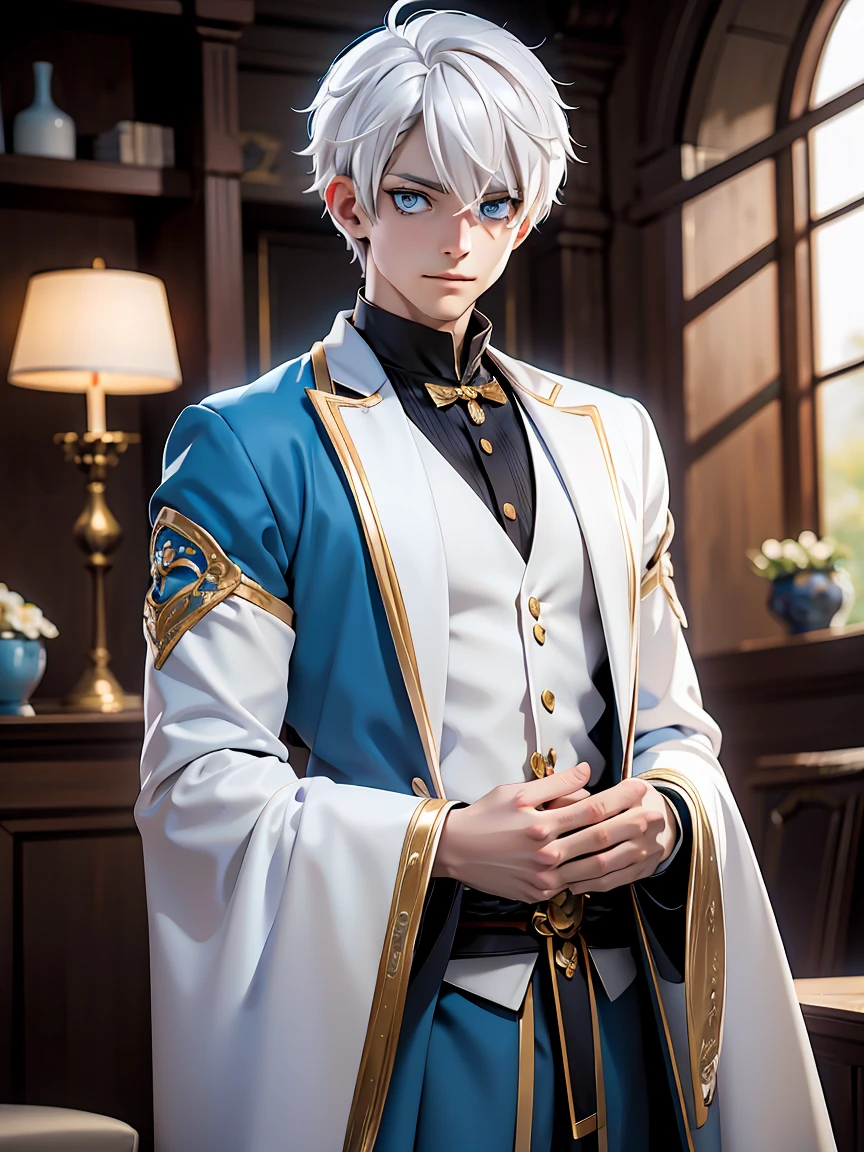 1boy, 25 years old, young, man, white hair, blue eyes, belle pose d&#39;anime, MC male lead, webtoon, cheveux blancs, hades style, hades game, hypnos