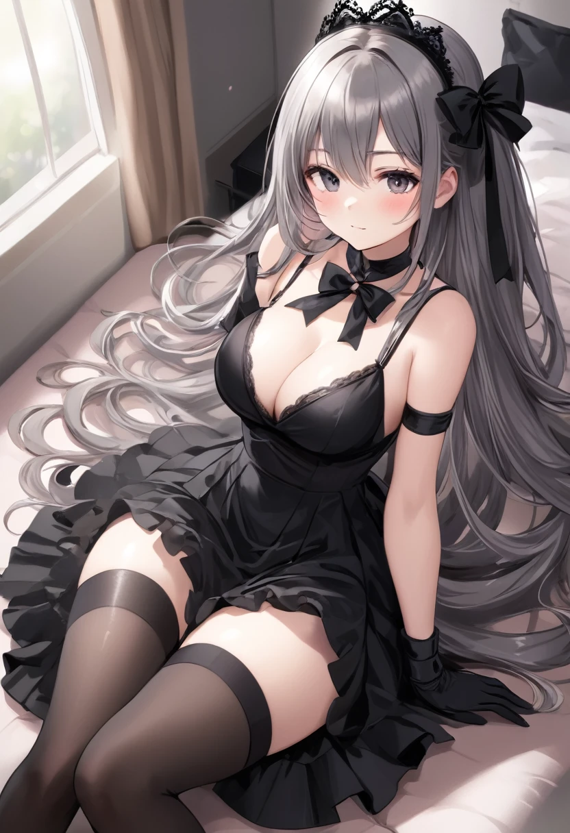 1girl, solo, long hair, breasts, blush, bangs, large breasts, thighhighs, gloves, dress, ribbon, cleavage, bare shoulders, sitting, very long hair, closed mouth, closed eyes, hair ribbon, grey hair, sidelocks, thighs, hairband, detached sleeves, sleeveless, black gloves, elbow gloves, black thighhighs, hand up, black dress, zettai ryouiki, sleeveless dress, short dress, tiara ,