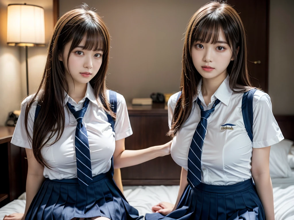 (RAW photo, 4k, masterpiece, high resolution, extremely complex) (realistic: 1.4), cinematic lighting
((2 girls, 2 schoolgirls)),Slam Dunk's,blushing,((innocent)),(Dark makeup),bright eyes,round eyes,blunt bangs,(straight hair:1.3),black hair,large breasts,wide hips,Summer Noon, ,Hot, (Best Quality), (Highres), (an Extremely Delicate and Beautiful),(Beautiful 8k face),(Brown eyes),short bob hair,( spectators),(gigantic breasts),(Play with each other,Touching each other's bodies,Touching the body),(Japanese high school uniform:1.3),blue skirt,(reality),bright lighting,(The background is a luxury hotel room)