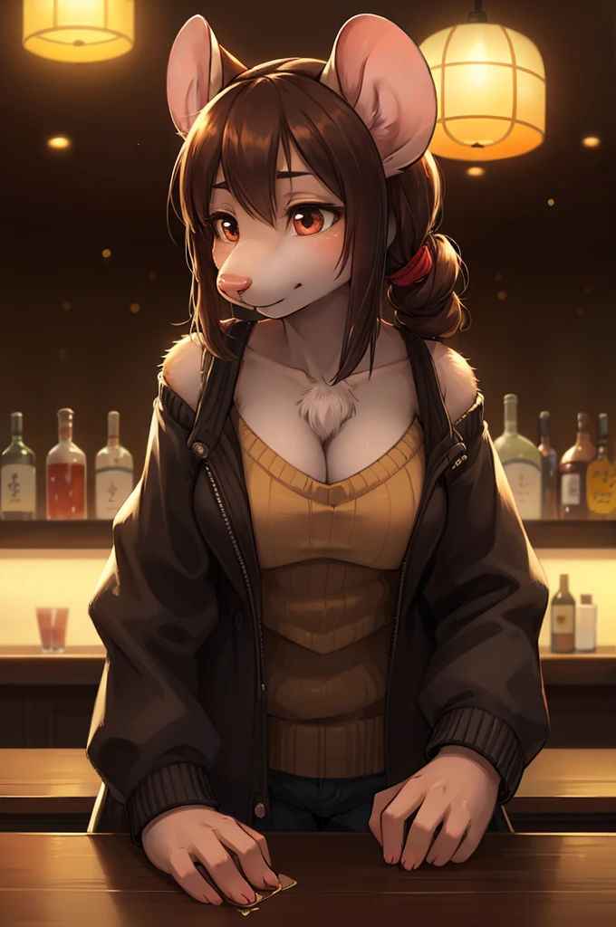 rough sketch style , Hallucination, daydream , nightmare , Insane Dream , bokeh , erotica , realistic Japanese female mouse , round face , Seductive eyes , flasher , (open clothes by hands) , realistic long nose , hair tie , Bar, Cocktails , cheese , sweater , (Leaning forward)